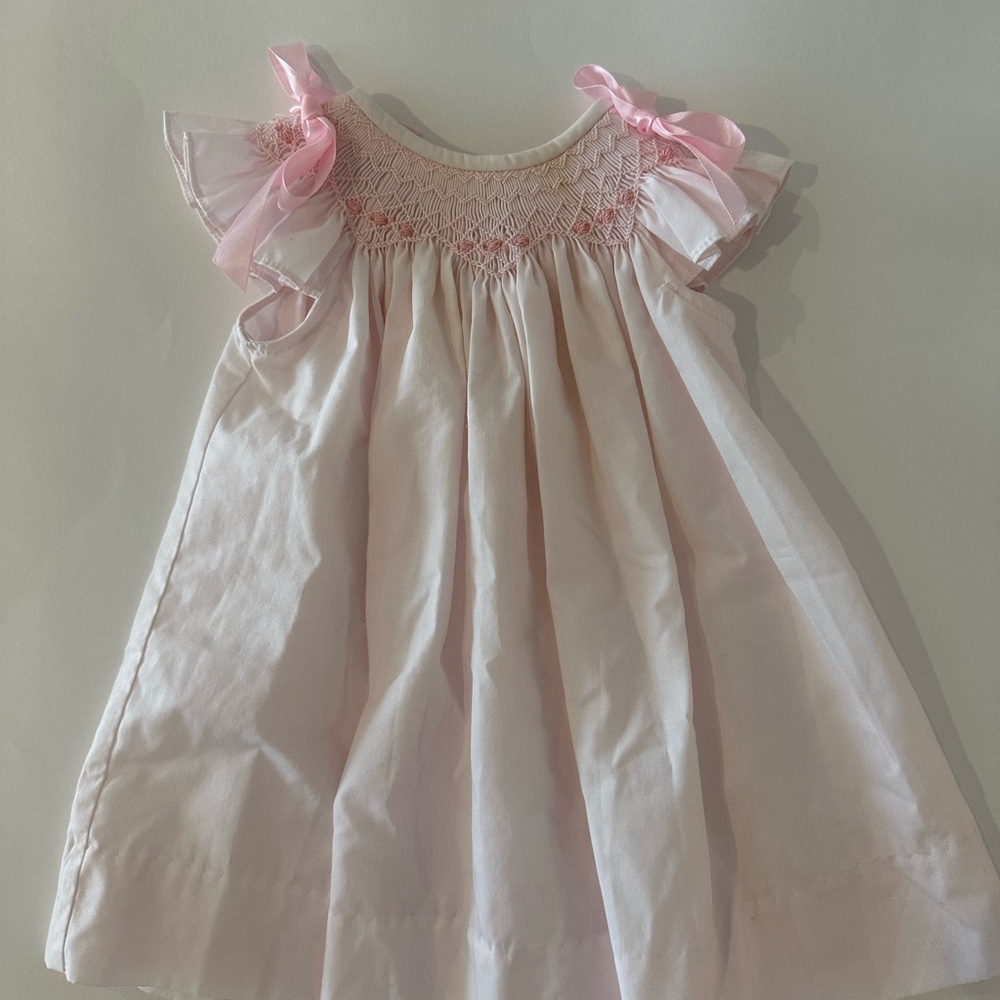 Charming Smocked Baby Pink Ruffled Dress with Bows and Embroidery